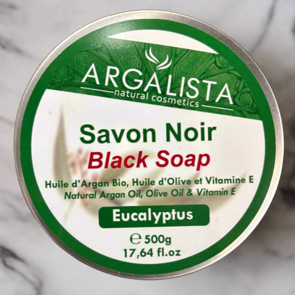 Container of Argalista Argan Black Soap with Eucalyptus 